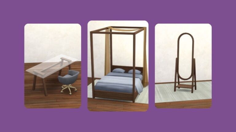 This image has a purple background with three rounded-edge rectangles that have images inside. The images have various pieces of bedroom furniture in them.