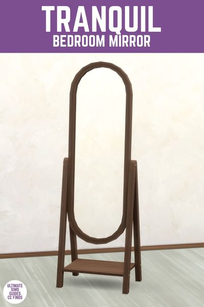 This image has a purple bar at the top with white text that reads "Tranquil Bedroom Mirror" and below is a mirror with an A-frame and a shelf 
