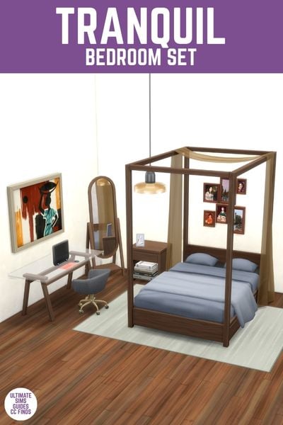 This image has a purple bar at the top with white text that reads "Tranquil Bedroom Set" and below is an image of a bedroom with a four-post bed, a standing mirror, and a desk with a glass top. 