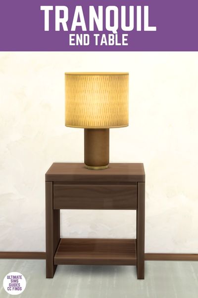 This image has a purple bar at the top with white text that reads "Tranquil End Table" and below is an image of a dark wooden end table with a lamp on top 