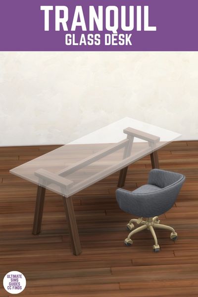 This image has a purple bar at the top with white text that reads "Tranquil Glass Desk" and below is a glass desk with dark wooden legs, with a blue and gold chair. 