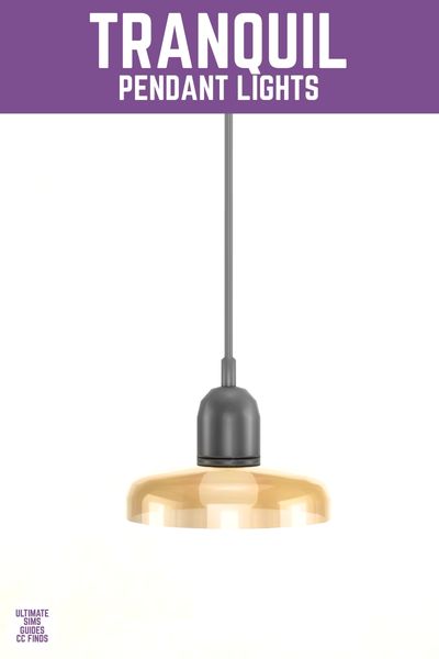 This image has a purple bar at the top with white text that reads "Tranquil Pendant Lights" and below is a close up of a glass pendant light hanging from the sky.