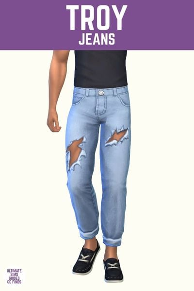 This image has a purple bar at the top with white text that says "Troy Jeans" and below is a sim from the waist down. They are wearing a black shirt tucked into jeans with large rips on the thighs 