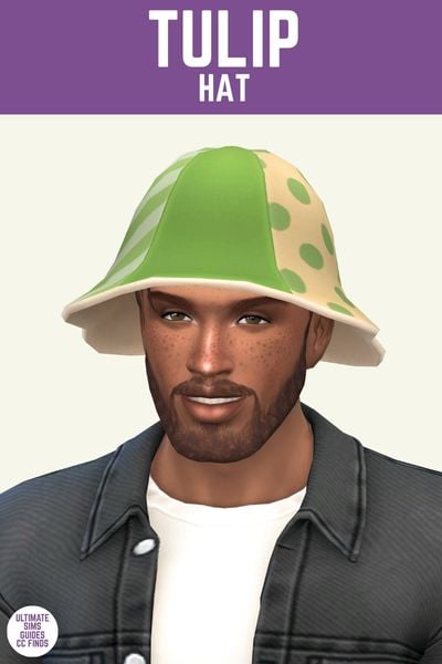 This image has a purple bar at the top with the words "Tulip Hat" in white. Below is a male sim wearing a black denim jacket and white t-shirt and a tulip hat in green.