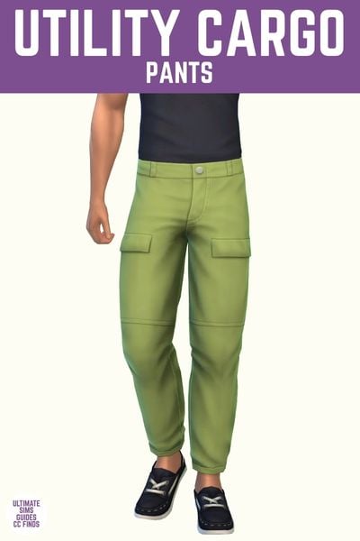 This image has a purple bar at the top with white text that says "Utility Cargo Pants" and below that is a sim from the waist down. The sim is wearing a black shirt tucked into bright green pants with pockets. 