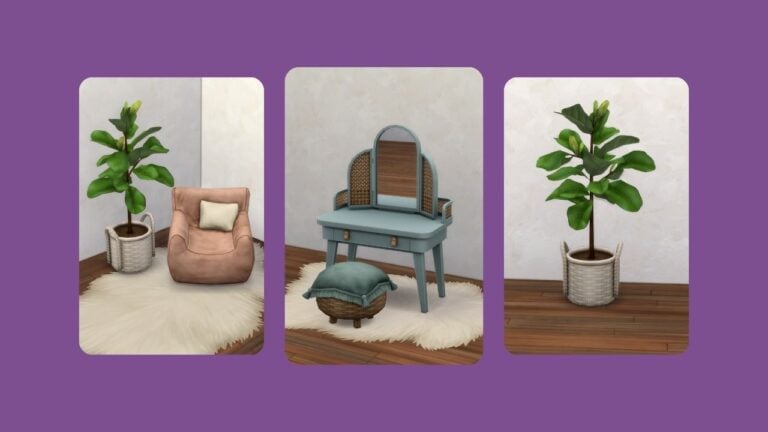 This image has a purple background with three rounded-edge rectangles with images of vanity furniture inside