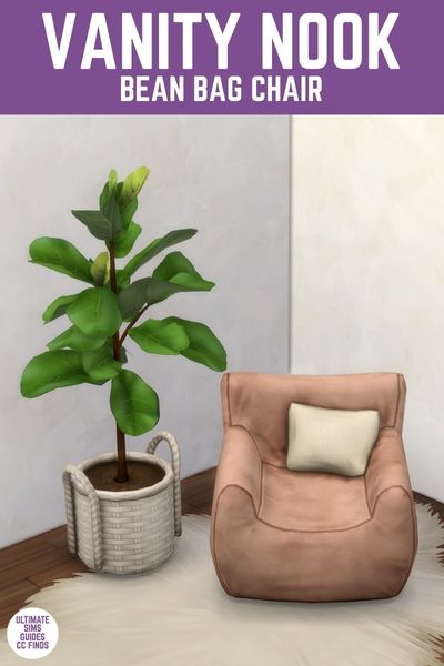 This image has a purple bar at the top with white text that says "Vanity Nook Bean Bag Chair" and below is an image of a pale pink bean bag chair, and a potted fig plant. 