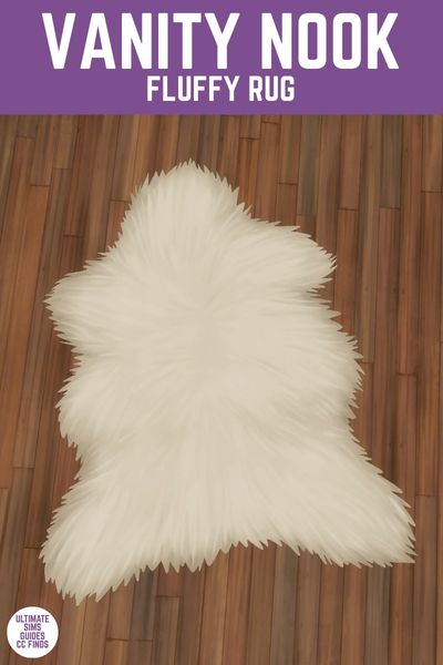 This image has a purple bar at the top with white text that says "Vanity Nook Fluffy Rug" and below is an image of a top down view of a fluffy rug 