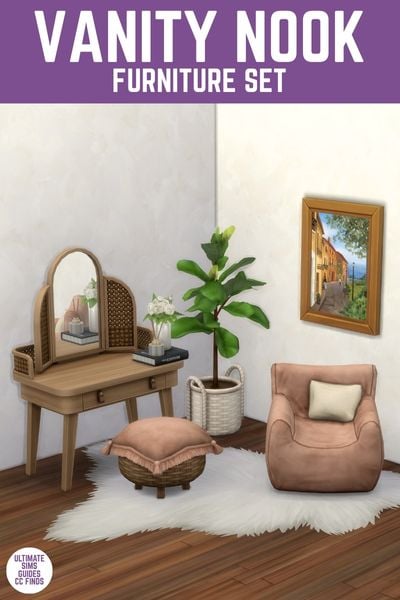 This image has a purple bar at the top with white text that reads "Vanity Nook Furniture Set" and below is a set of furniture with a small pink chair, a rattan poof and a wooden vanity. 