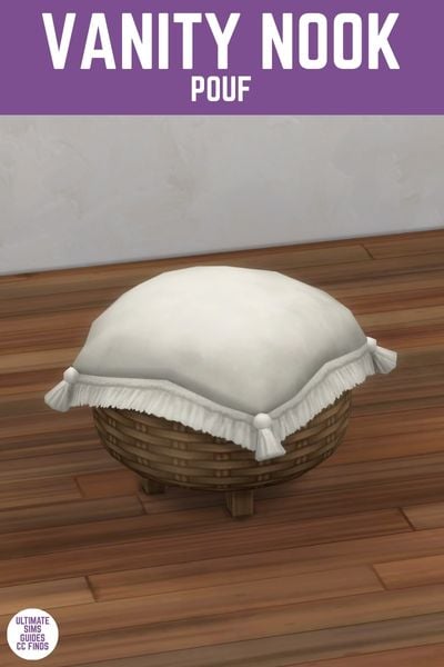 This image has a purple bar at the top with white text that says "Vanity Nook Pouf" and below is an image of a pouf with a rattan base and a piece of fabric with tassels draped over top. 