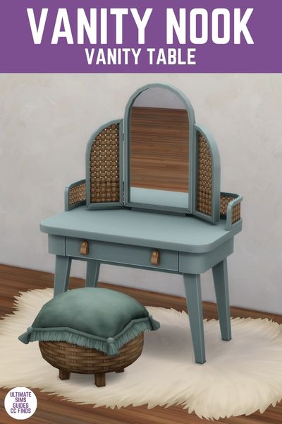 This image has a purple bar at the top with white text that says "Vanity Nook Vanity Table" and below is an image of a vanity table with rattan details and leather drawer pulls with a matching pouf. 