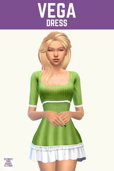 This image has a purple bar at the top with white text. The text says "Vega Dress" and below is a sim with blonde hair wearing a 3/4 length dress in green with white around the edges. 