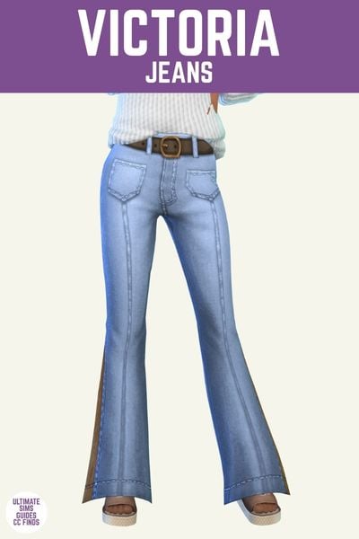 This image has a purple bar at the top with white text that says "Victoria Jeans" and below is a sim wearing flair jeans that have stitch detailing and a brown belt 