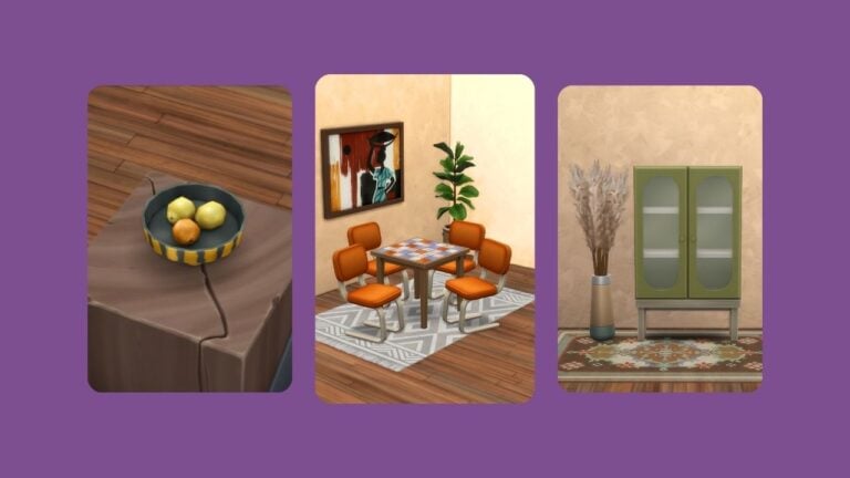 This image has a purple background with three rounded-edge rectangles and inside those rectangles are pictures of furniture