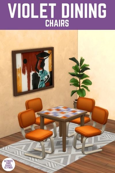 This image has a purple bar at the top with white text that says "Violet Dining Chairs" and below is an image of a dining room. There's a square dining table with a tiled top and four orange chairs. 
