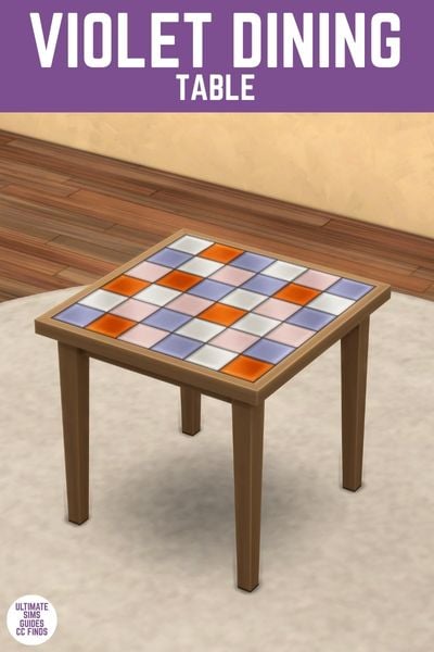 This image has a purple bar at the top with white text that says "Violet Dining Table" and below is an image. In the image there is a rounded white rug, wood floors, and a square tiled table 