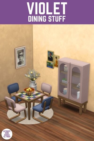This image has a purple bar at the top with white text that reads "Violet Dining Stuff" and below is an image of a small, square dining table with four chairs and a matching cabinet in light purple 