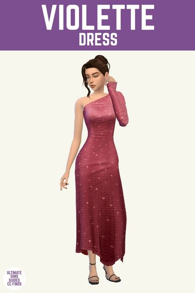 This is a product image for cc items from the Lumière Collection. At the top is a purple bar with white text that says "Violette Dress" and below is a sim posed. They are wearing black heels and a one arm sparkle dress. 