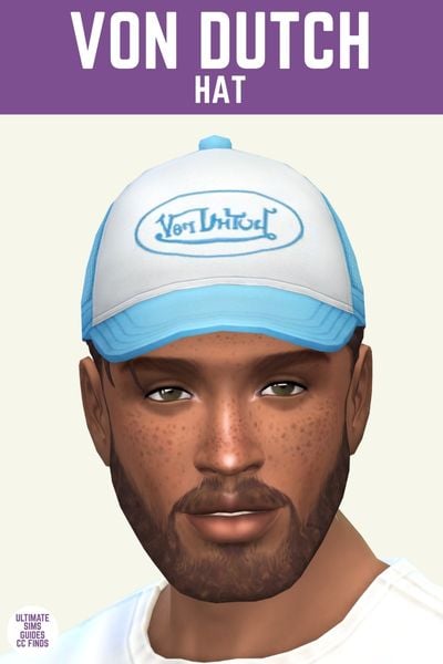 This image has a purple bar at the top with white text that says "Von Dutch Hat" and below is a male sim wearing a white and blue von dutch hat.