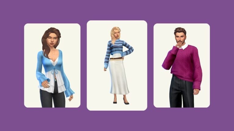 This image has a purple background with three rounded-edge rectangles. Inside of those rectangles are pictures of sims posed in various outfits