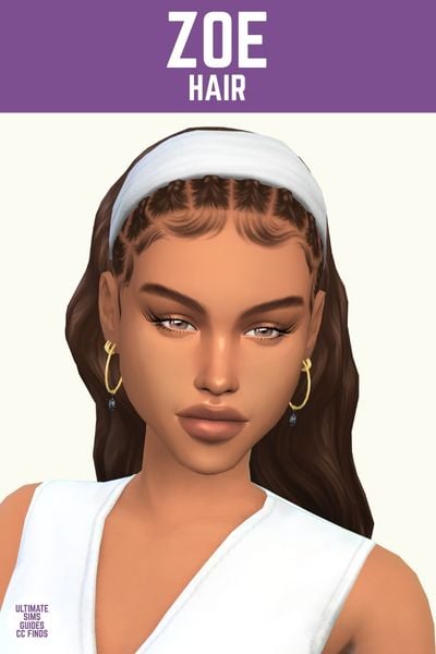 This image has a purple bar at the top with white text that says "Zoe Hair" and below is a sim with braids and curls and a white headband. 