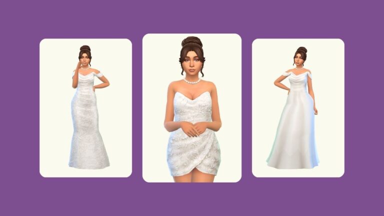 This image has a purple background with three rounded-edge rectangles and inside of those rectangles is a sim with brown hair in different wedding dresses.