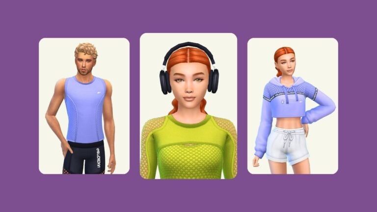 This image has a purple background with three rounded-edge rectangles, inside of those rectangles are sims wearing athletic clothing and posing.