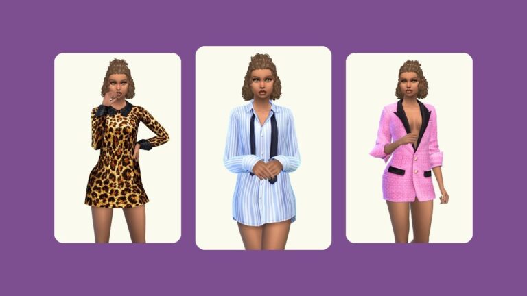 This image has a purple background with three rounded edge rectangles. Inside of those rectangles is the same sim three times posed in different mini dresses