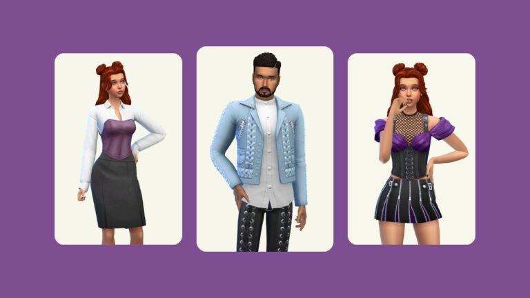 This image has a purple background with three rounded edge rectangles and inside of those rectangles are images of sims posed in steam punk clothes