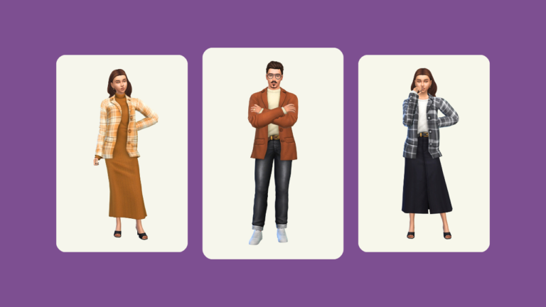 This image has a purple background. There are three images that all have rounded edges and they are of sims posed in autumn plaid clothes.