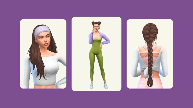 This image has a purple background with three rounded edge rectangles. Inside of those rectangles are images of a sim with brown hair wearing yoga clothes