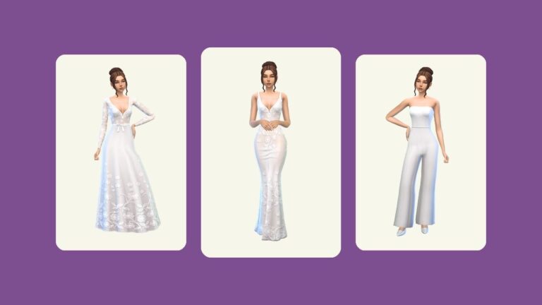 This image has a purple background with three rounded-edge rectangles. Inside of those rectangles are images of the same sim in three different wedding dresses