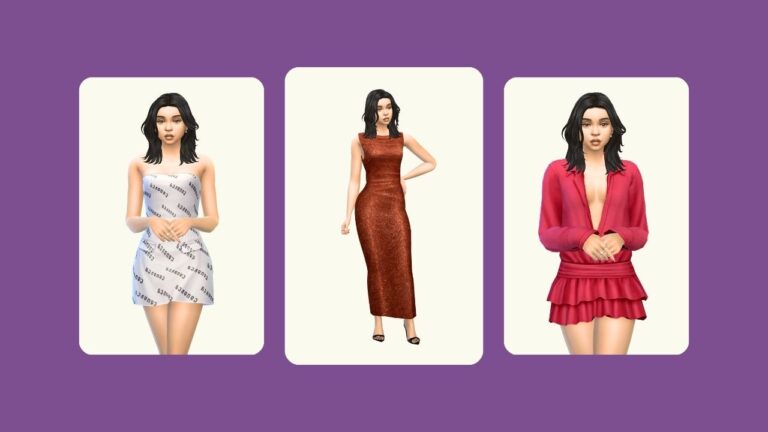 This image has a purple background with three rectangles that have rounded-edges. In these rectangles are images of a sim with brown hair in different dresses.