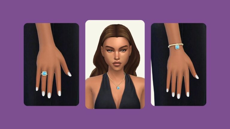 This image has a purple background with three rounded-edge rectangles and inside those rectangles are screenshots from The Sims 4 with images of a sim's hand showing jewelry