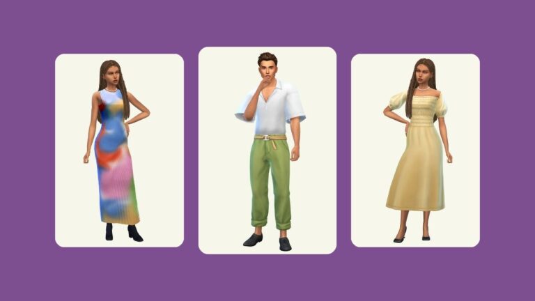This image has a purple background and three rounded-edge images. The middle image is a male sim in a white top and green pants, the outer images have the same female sim in different dresses
