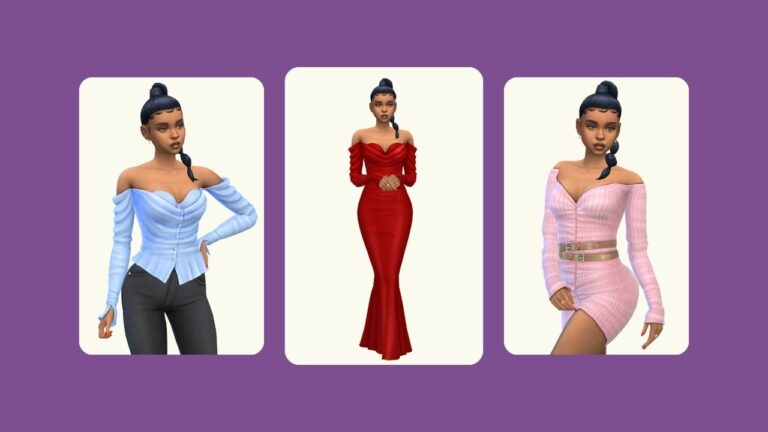 This image has a purple background. There are three rounded-edge rectangles and inside of those rectangles is a sim with their hair in a high braid wearing different outfits.