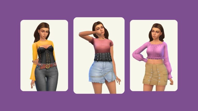 This image has a purple background and on top are images of the same female sim with brown hair wearing Bratz inspired clothes.