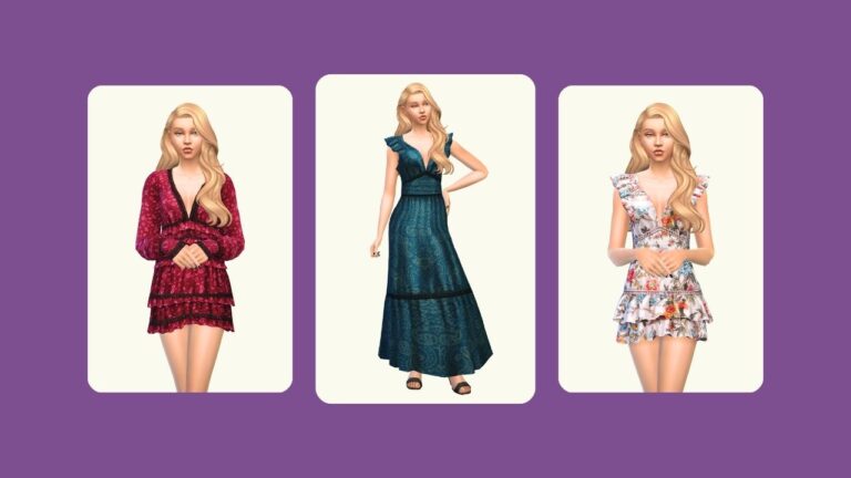 This image has a purple background with three rounded edge rectangles. Inside of those rectangles are images of a blonde sim from The Sims 4 in different patterned dresses
