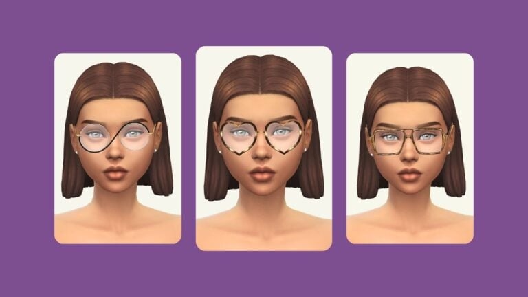 This image has a set of three rounded-edge boxes on top of a purple background. Inside of that background are three images of the same sim from The Sims 4 wearing different cc glasses.