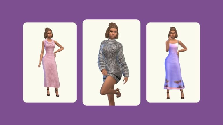 This image has a purple background with three rounded-edge rectangles. Inside of those rectangles are images of the same sim three times wearing different outfits.
