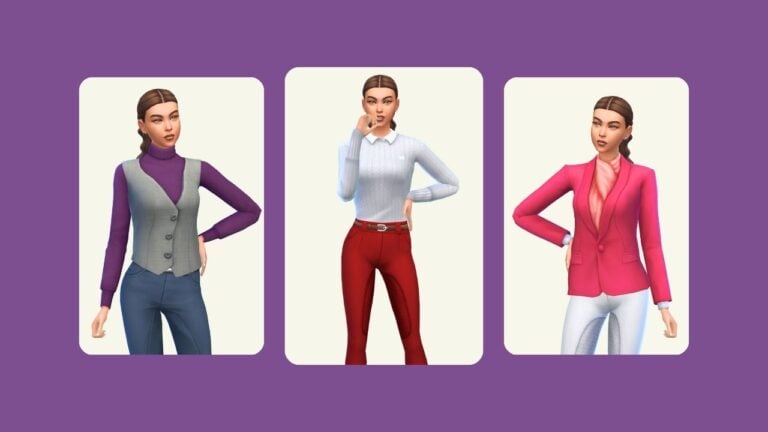 This image has a purple background with three rounded-edge rectangles. Inside of those rectangles are images of a sim with red hair in a pony tail wearing equestrian themed clothing