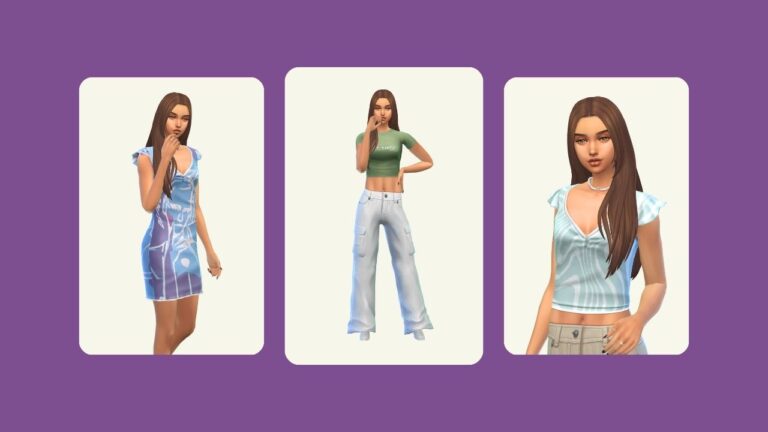 This image has a purple background with three rounded-edge rectangles. Inside of those rectangles there is a sim with fair skin and brown hair posing in different outfits.