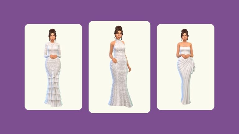 This image has a purple background with three rounded-edge rectangles and inside of those rectangles are sims wearing different wedding dresses