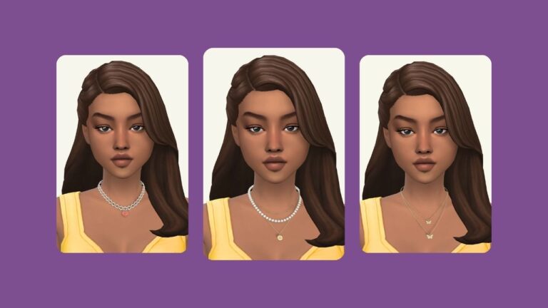 This image has a purple background with three images. The images have a sim with brown hair wearing a yellow shirt with different necklaces.