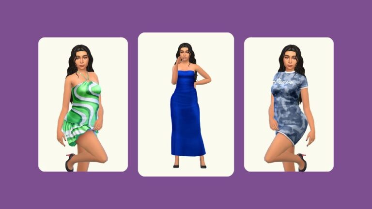 This image has a purple background with three rounded-edge rectangles. Inside of those rectangles are images of a sim with black hair posing in different dresses