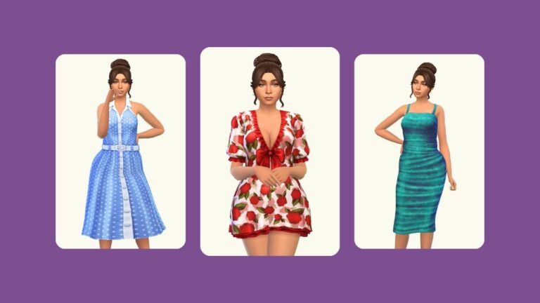 This image has a purple background with three rounded-edge rectangles and inside of those rectangles is the same sim three times. They are posed in different styles of wedding guest dresses.