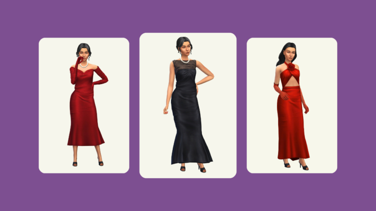 This image has a purple background with three rounded-edge rectangles. Inside of those rectangles are images of a sim with formal dresses on .
