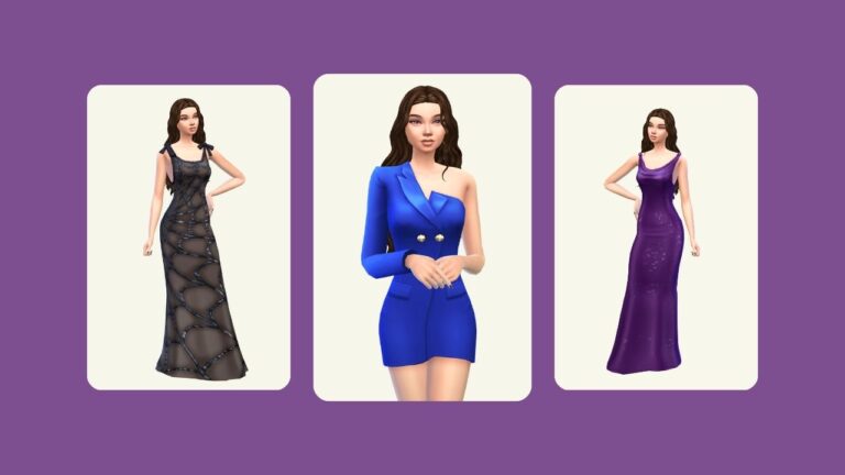This image has a purple background with three rounded-edge rectangles and inside of those rectangles is a sim with brown hair wearing different dresses