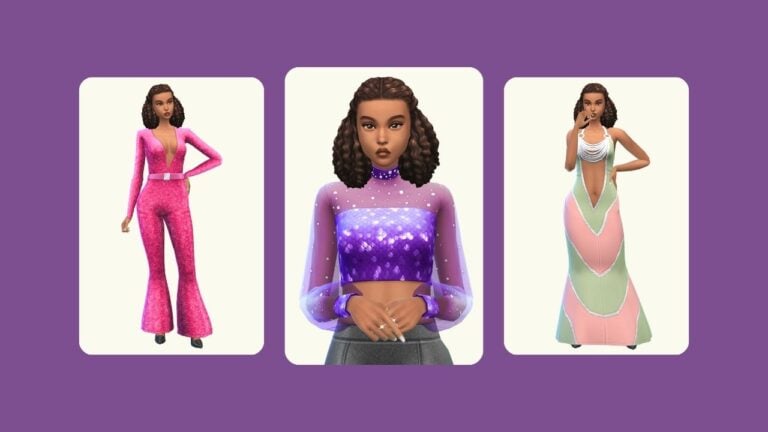 This image has a purple background with three rounded edge rectangles. Inside of those rectangles is a sim with brown curly hair wearing different disco inspired clothing.