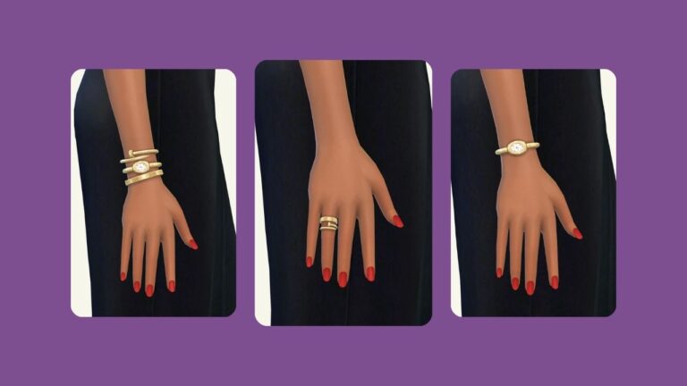 This image has a purple background with three rounded-edge rectangles. Inside of those rectangles are images of a sim's hand with different jewelry on